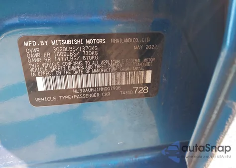 2022 Mitsubishi Mirage Es/Le z USA, uszkodzony, nr VIN ML32AUHJ1NH007996